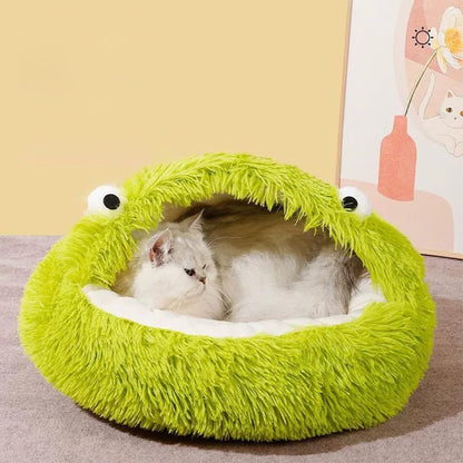 Cat Bed for Indoor Cats Semi Closed Nest Cute Plush Frog Shape Dog Cave Washable Plush Cat Hideaway Cat Hut for Kitten Rabbit Cat Beds & Furniture Cat Gifts L